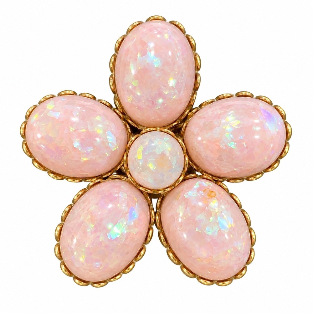 Coro Brooch Vtg Pink Faux Opal Flower Gold Tone Iridescent Floral Pin 1.75"